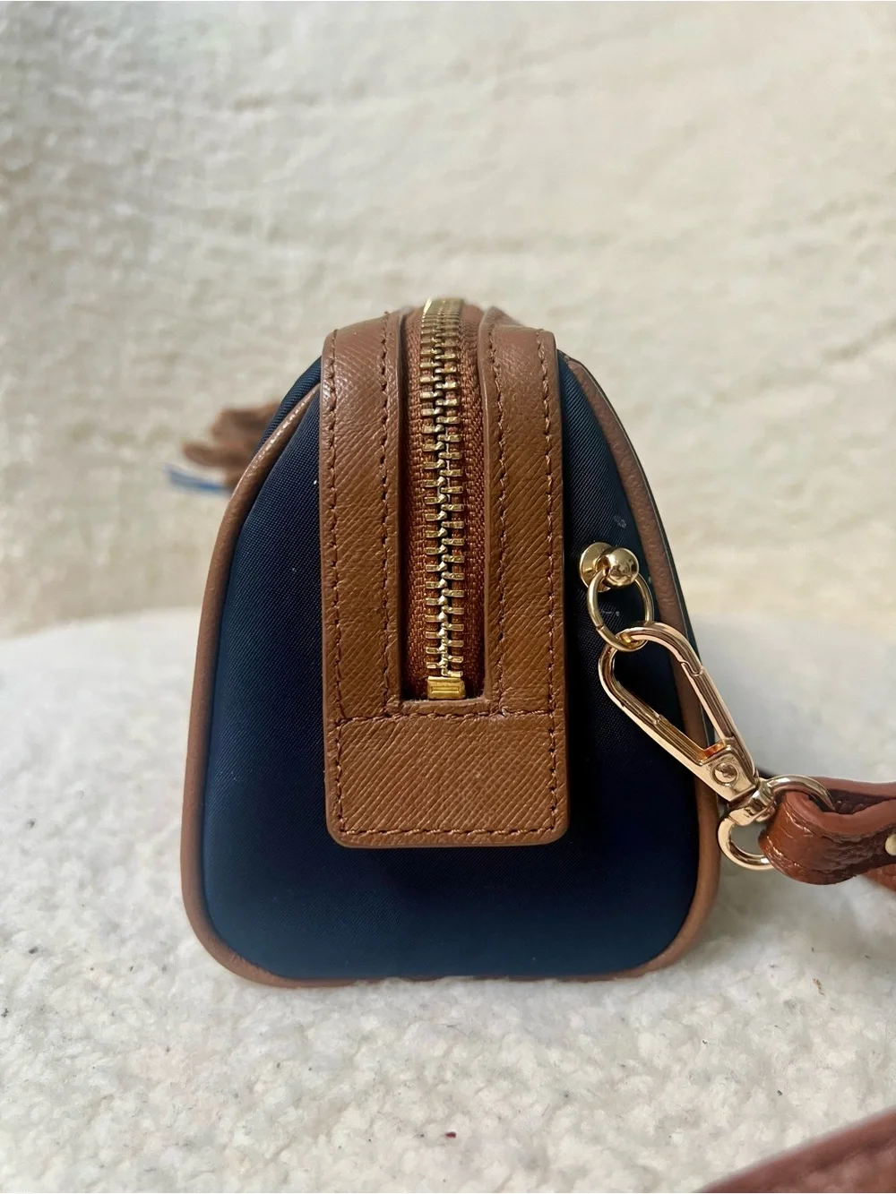 Tory Burch Navy and Brown Embossed Logo Upcycled Beauty to Crossbody Bag
